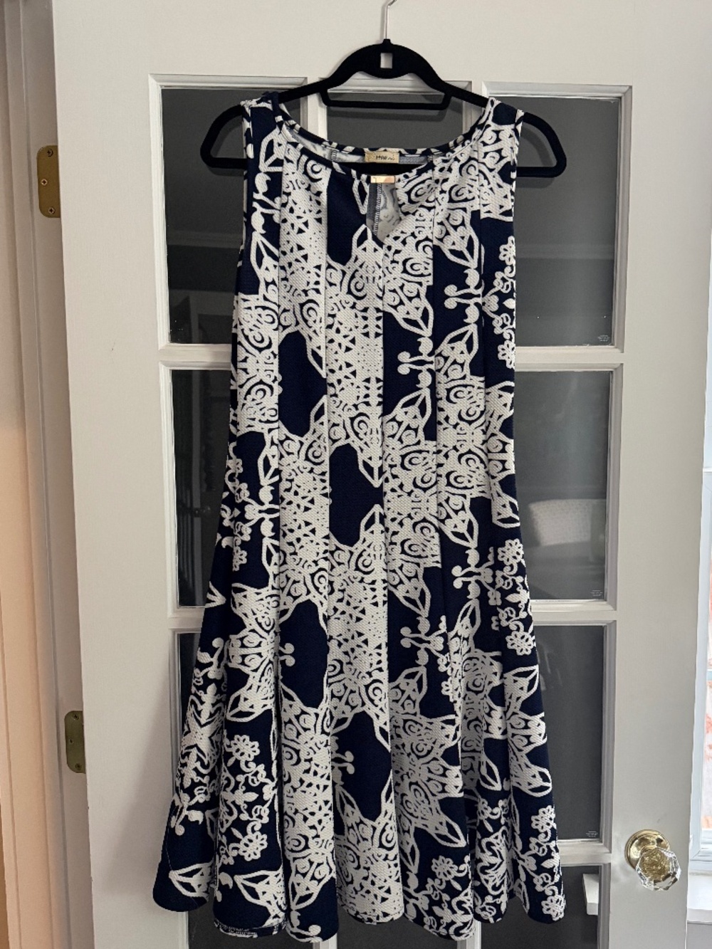 Haani Navy White Print Fit & Flare Midi Dress